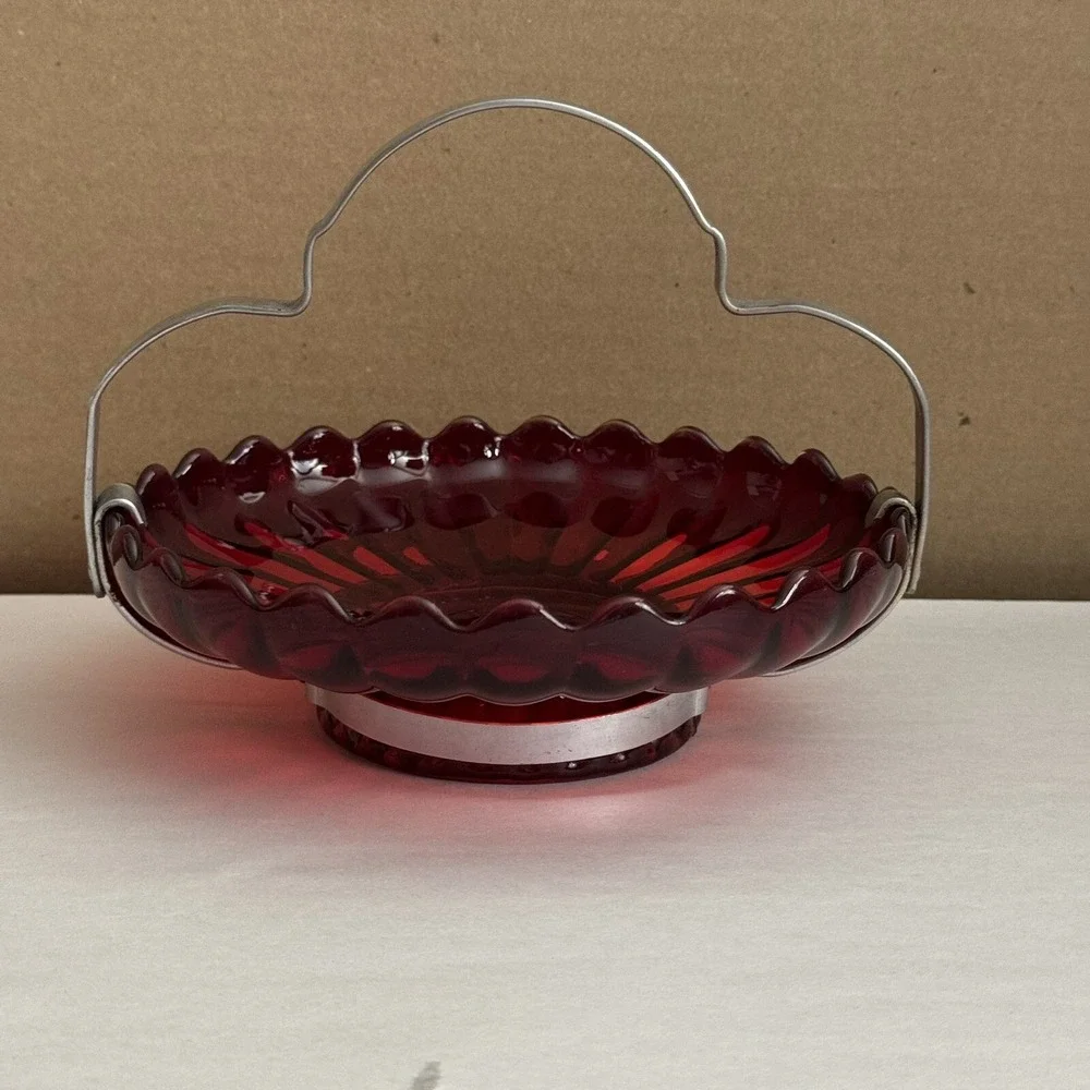 Imperial Glass Red Pillar Flutes Relish Sea Food Bowl‎ w/ Metal Handle Antique